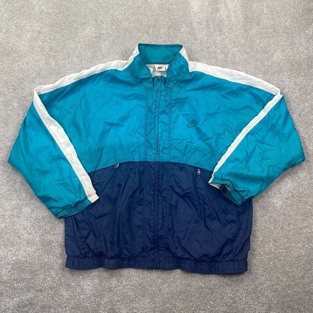 Vintage Nike Men's Full Zip Up Windbreaker Track Jacket Size L Aqua Green Blue